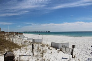 On the beach, sun-loungers