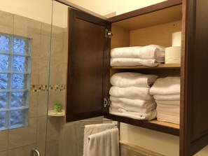 Dusche, Haartrockner, Handtücher, Toilettenpapier