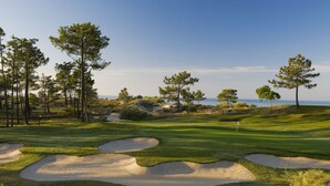 Un parcours de golf avec des bunkers de sable, des arbres et une vue dégagée sur la mer.