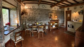 A rustic kitchen with a stone wall, wooden beams, and a tiled floor. - Pet-friendly cosy cottage+poolclose to Florence. Great views. Capannina. sleeps2 (Londa (Florence))
