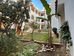 Experience a tranquil outdoor space surrounded by lush plants and trees in this serene courtyard.