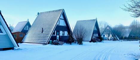 A row of snow-covered houses with steep roofs, a clear sky, and a snow-covered road.