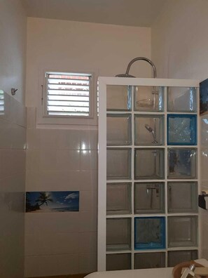 Shower, hair dryer, towels, soap - Ecrin vert - Apartment in a villa (st joseph)