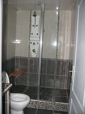 Regadera, secadora de cabello, toallas, jabón
