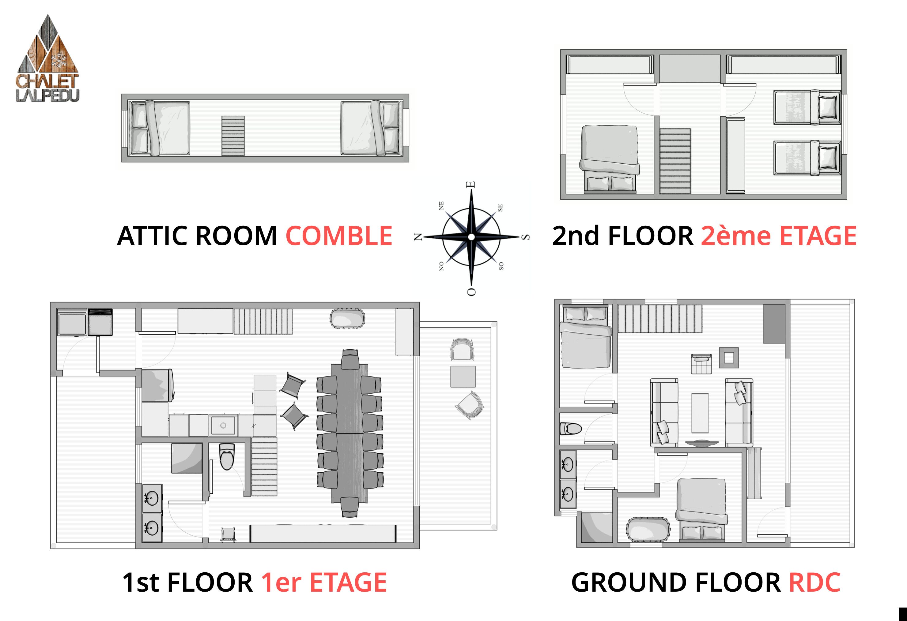Grundrisse eines Hotels mit Dachbodenzimmer, Schlafzimmer im zweiten Stock, Restaurant im Erdgeschoss und Speisebereich im ersten Stock.