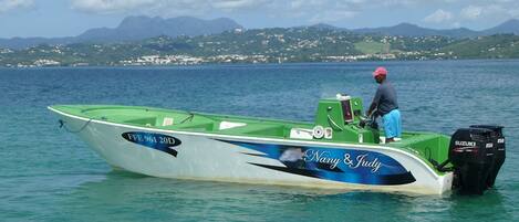 A green and white boat with a man steering it, named 'Nany & Judy', on a calm body of water with a mountainous landscape in the background.