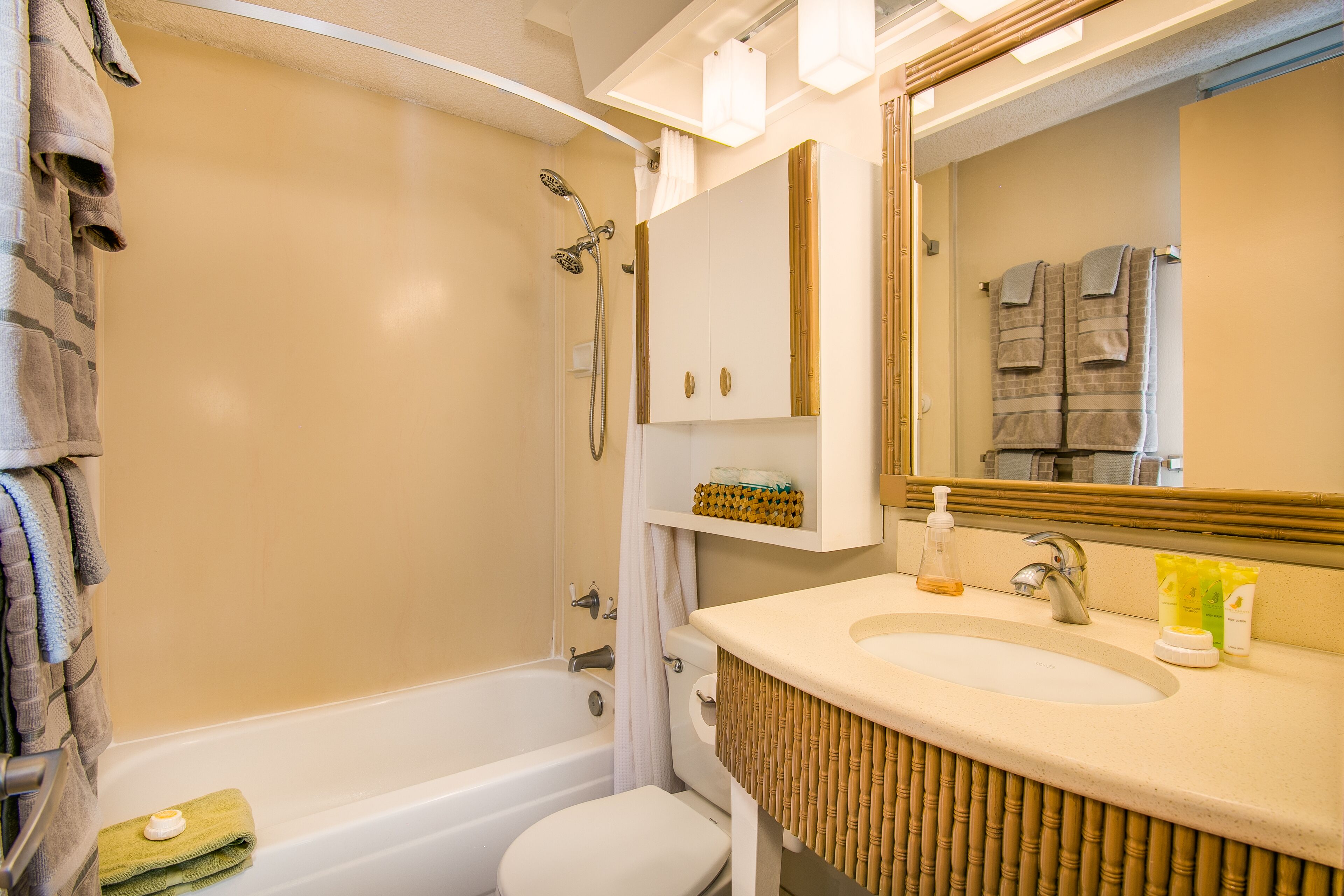 Hair dryer, towels, shampoo