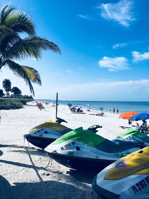 On the beach, sun-loungers, beach towels