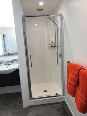 Badewanne, Haartrockner, Handtücher, Shampoo