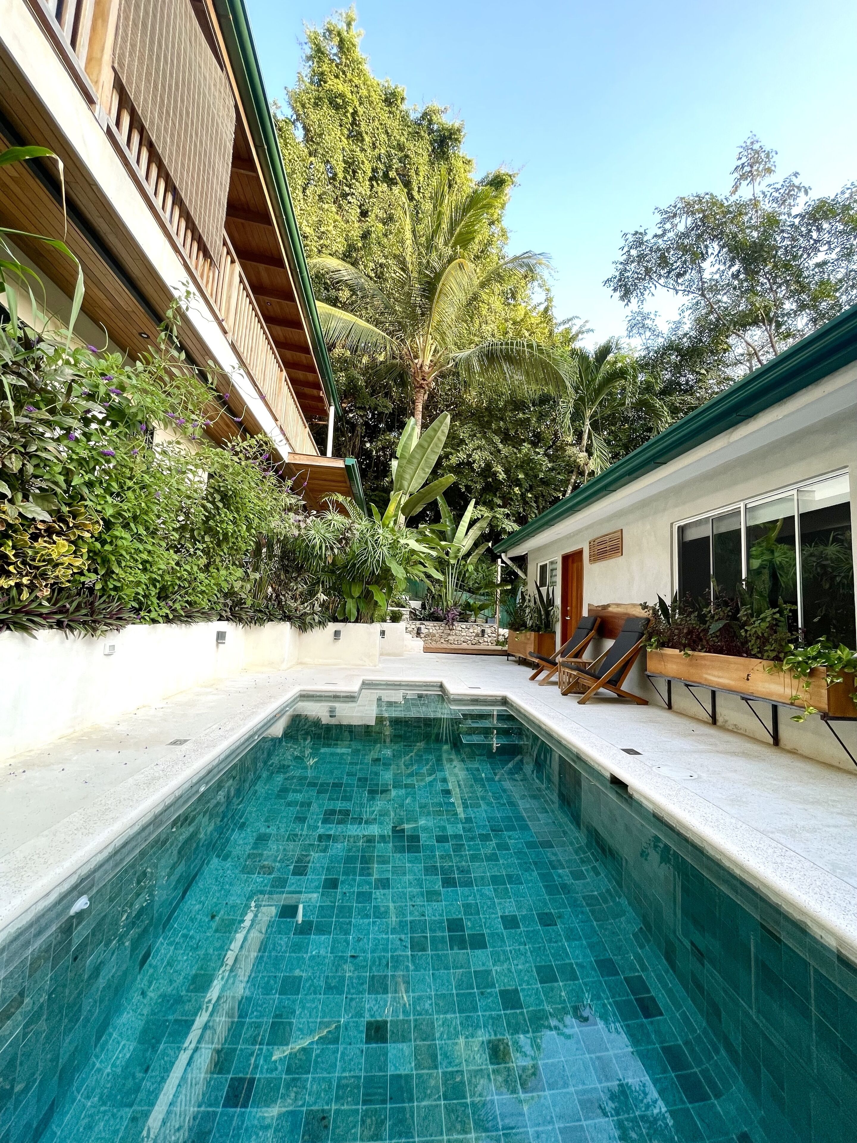 A swimming pool with a tiled deck, surrounded by lush greenery and a wooden building.