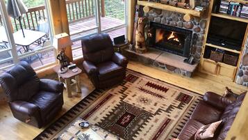 Smart TV, chimenea, reproductor de DVD y libros