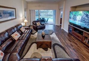 Smart TV, fireplace, video games, DVD player