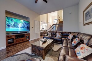 Smart TV, fireplace, video games, DVD player