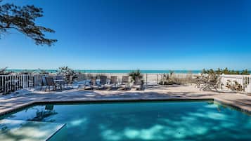 Et oppvarmet basseng og bassengparasoller