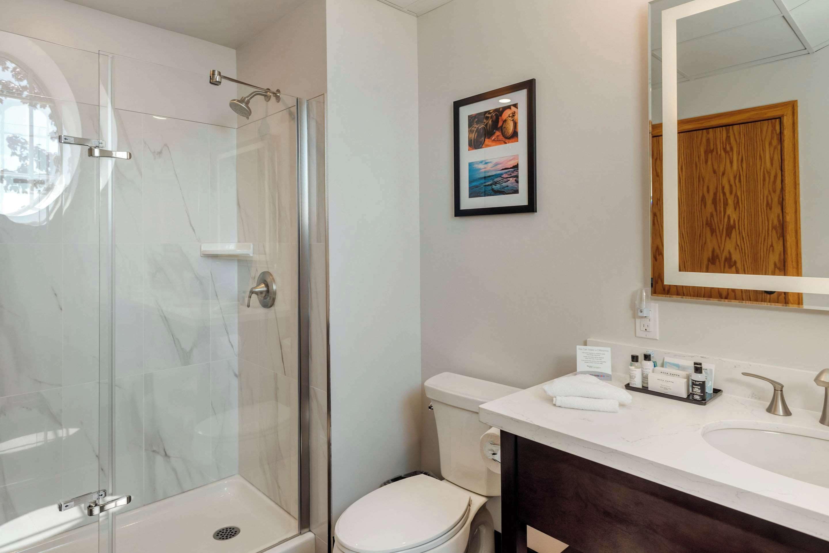 A modern bathroom with a glass-enclosed shower, a white toilet, a sink with toiletries, and a framed picture on the wall.