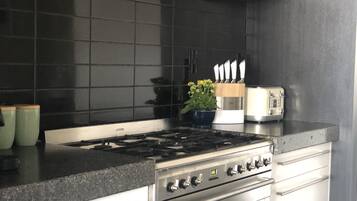 Full-sized fridge, microwave, oven, stovetop
