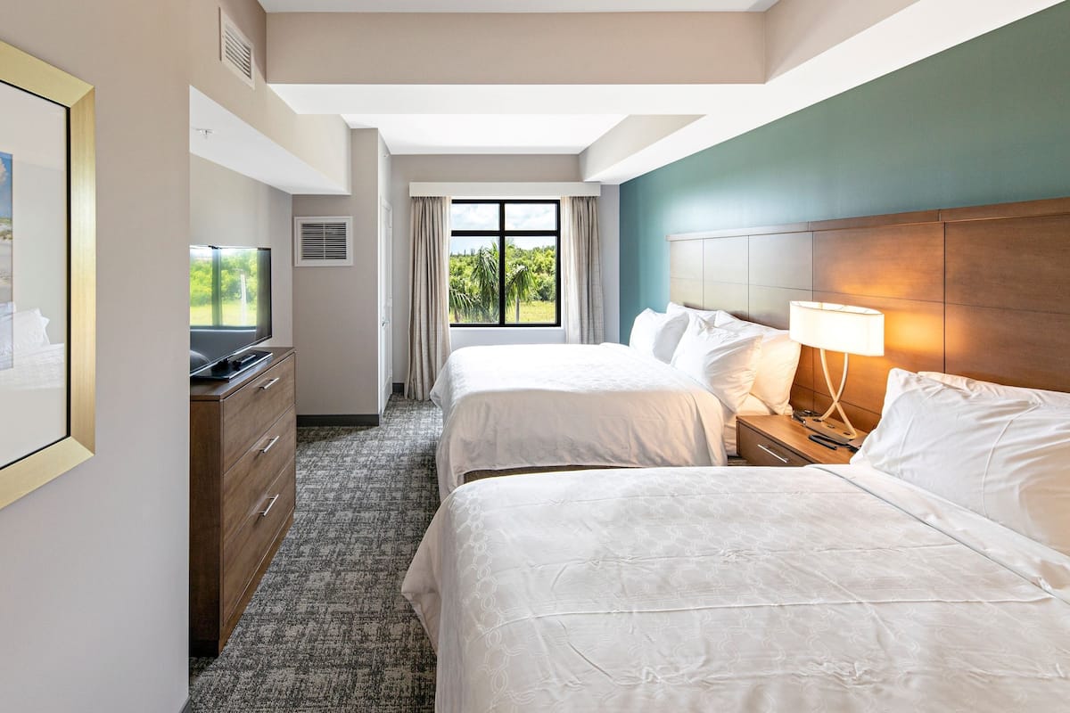 A hotel room with two beds, a desk with a TV, a window with a view of greenery, and a framed picture on the wall.