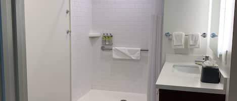 A modern bathroom with a walk-in shower, a vanity with a sink, and a mirror.