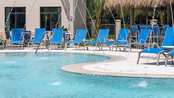 Outdoor pool, pool umbrellas, pool loungers