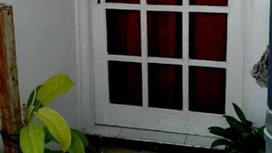 Uma porta branca com padrão de grade, uma pequena planta em vaso à esquerda e piso de concreto.