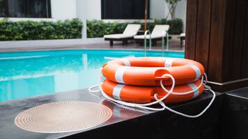 Outdoor pool, open 8:00 AM to 8:00 PM, sun loungers