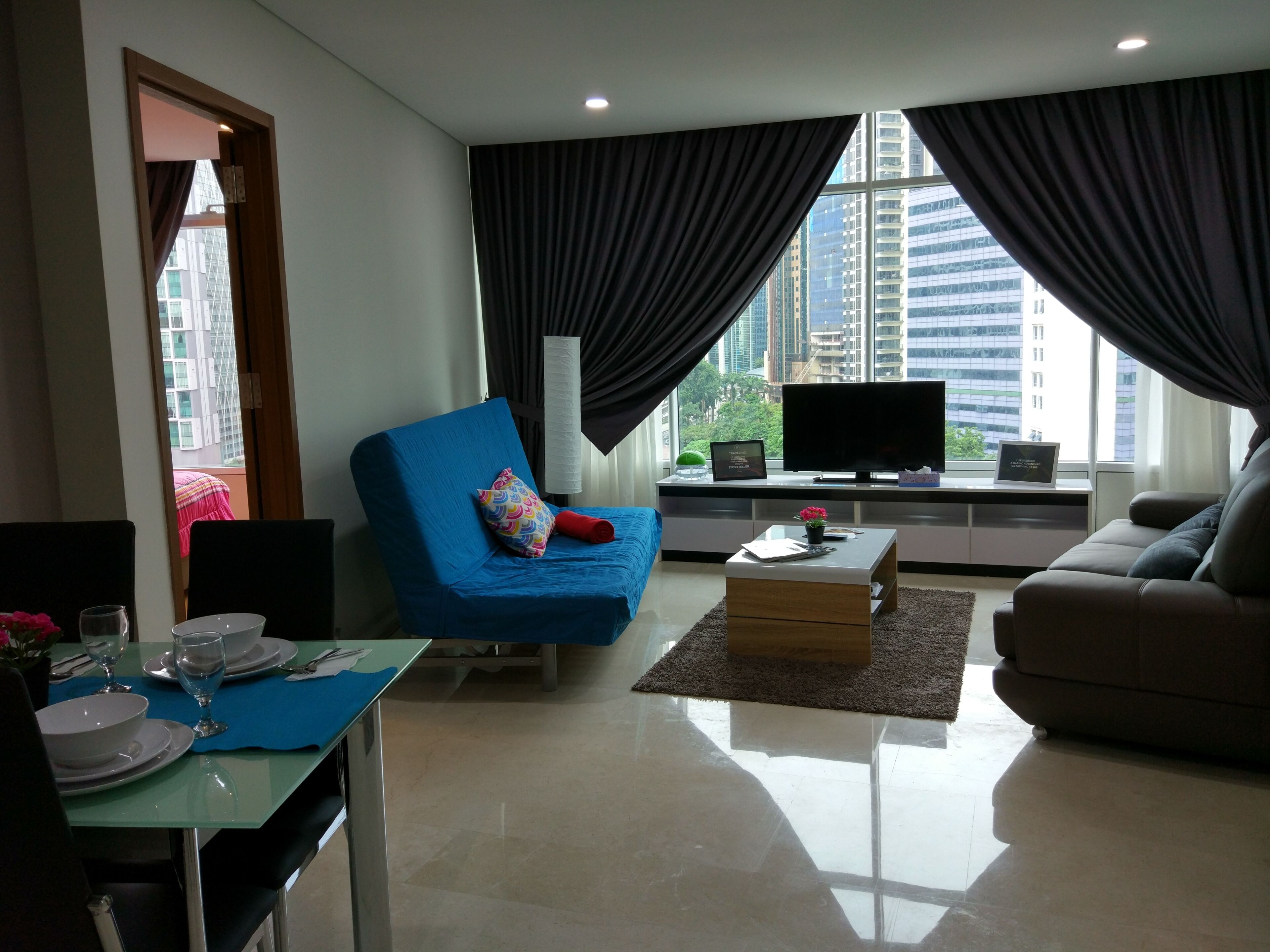 Flat-screen TV, books
