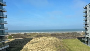 Een uitzicht op een grasveld met een gebouw aan de linker- en rechterkant, beide met balkons met uitzicht op een strand.
