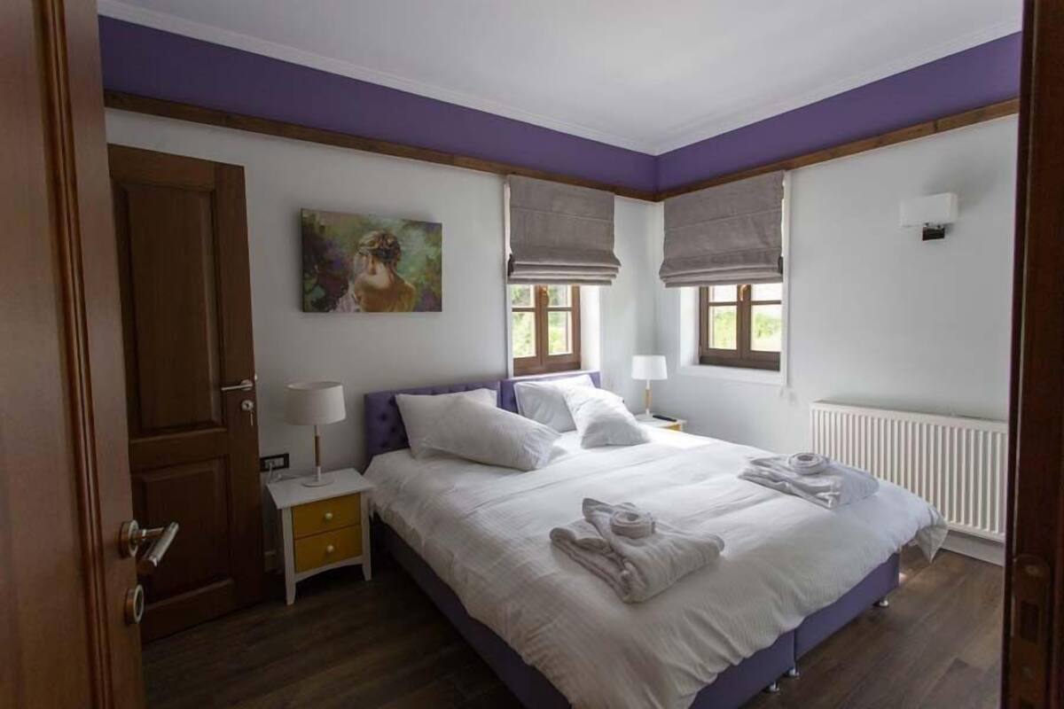 A bedroom with a bed, bedside tables, a door, a window with a view, and a painting on the wall.