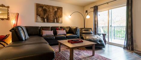 Smart TV, fireplace, DVD player, stereo