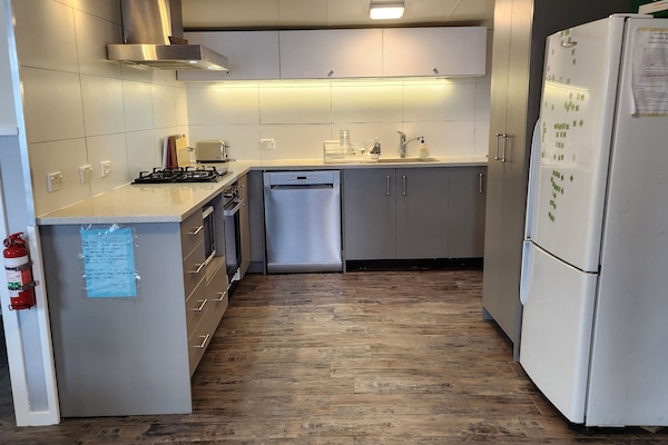 New kitchen with gas cooktop, electric oven, dishwasher, fridge, gas hot water.