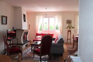 Televisie, een open haard, een dvd-speler en tafelvoetbal