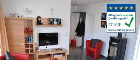 TV, fireplace, DVD player, books