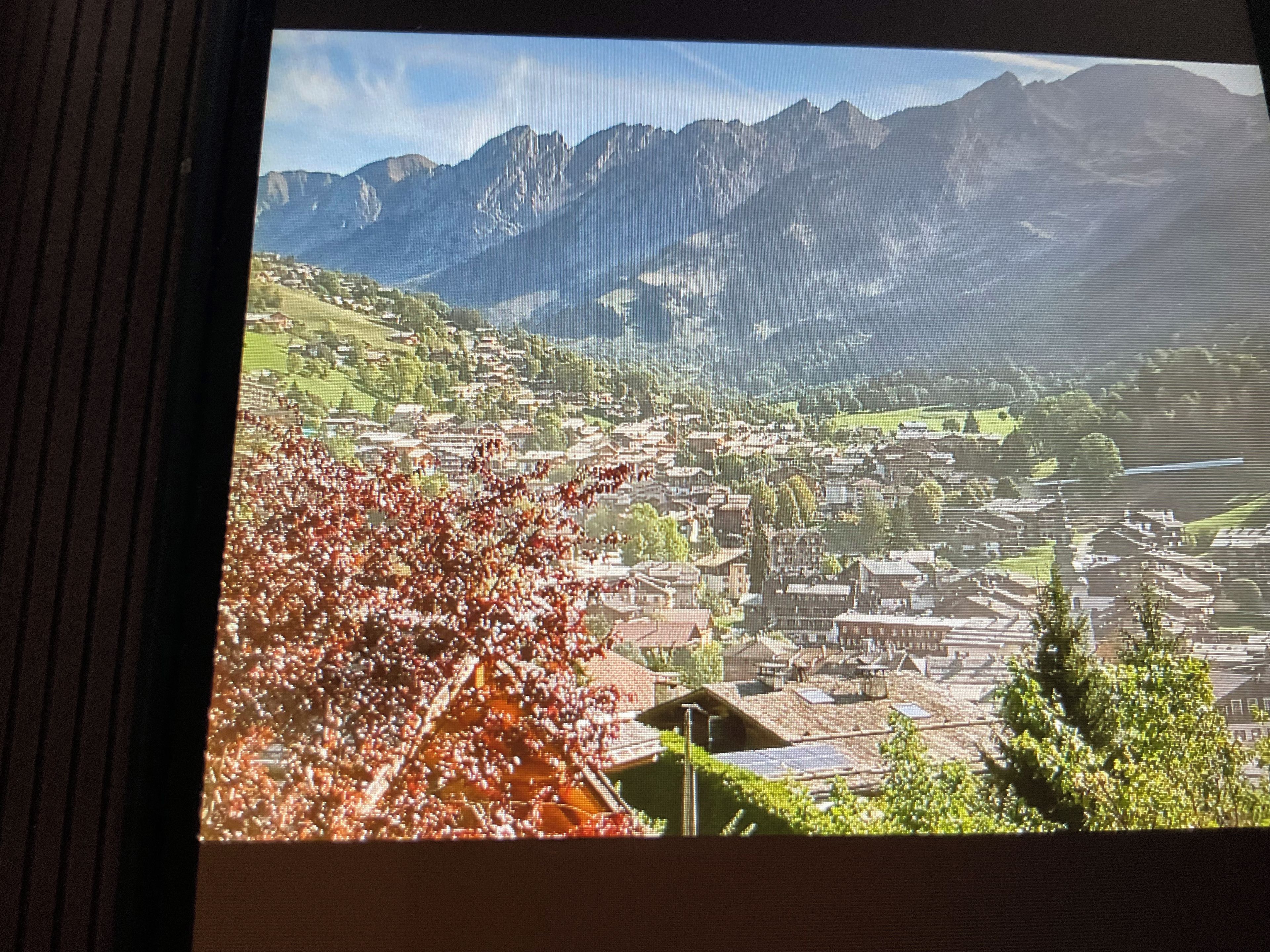 Un pueblo ubicado entre montañas, con vista a un árbol en primer plano.