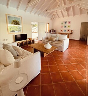 Smart-TV, DVD-Player, Bücher, Stereoanlage