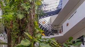 A pool area with a waterfall and lush tropical plants. - Moonshine Hotel (Playa del Carmen)