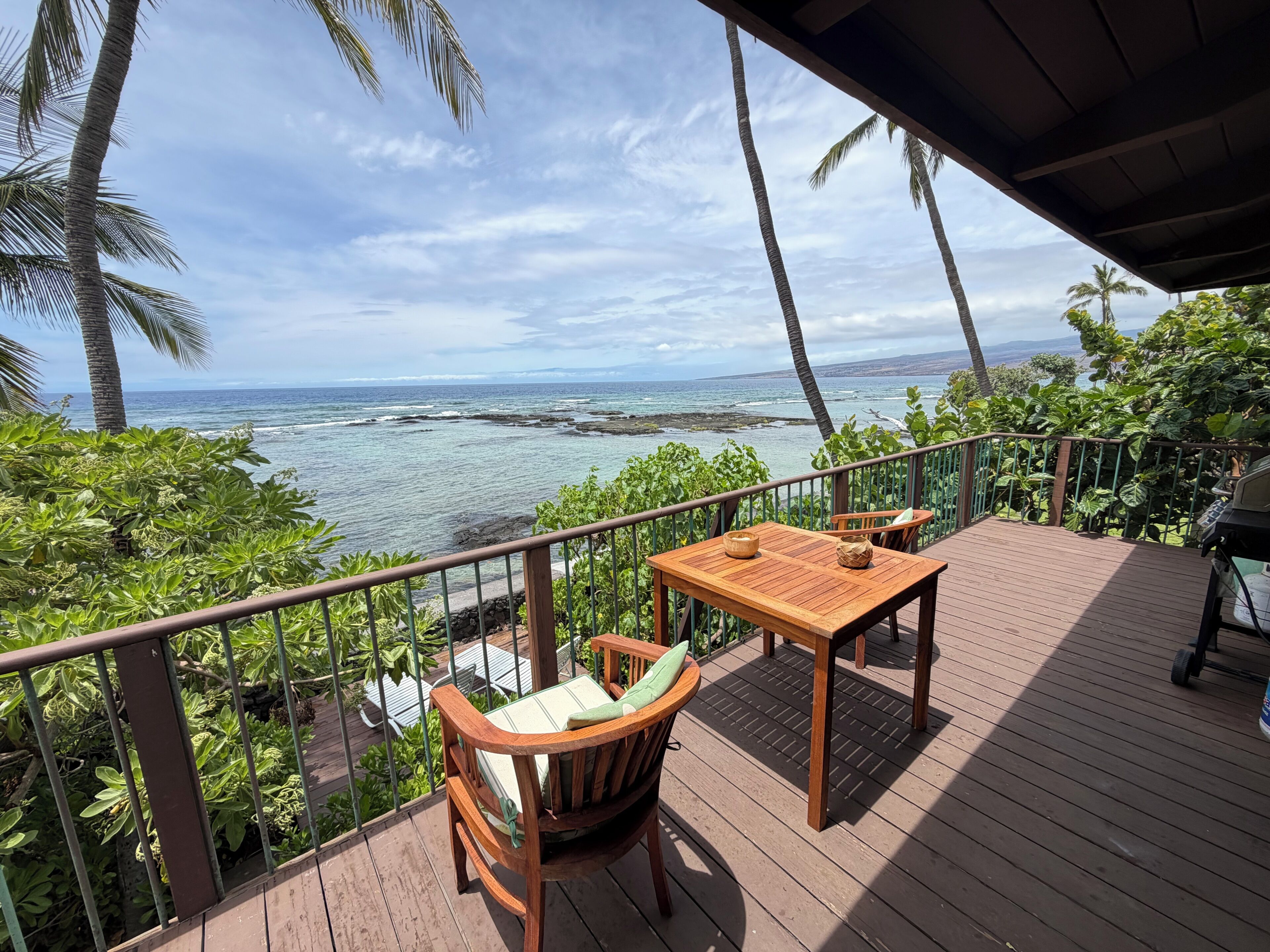 A wooden deck with a table and a cushioned chair, overlooking a coastal view with palm trees and ocean.