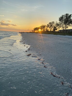 On the beach, sun-loungers, beach towels