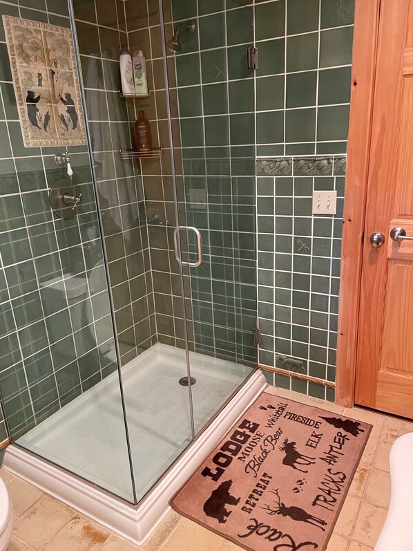 A glass-enclosed shower area with a green tiled wall, a wooden door, and a doormat with animal silhouettes.