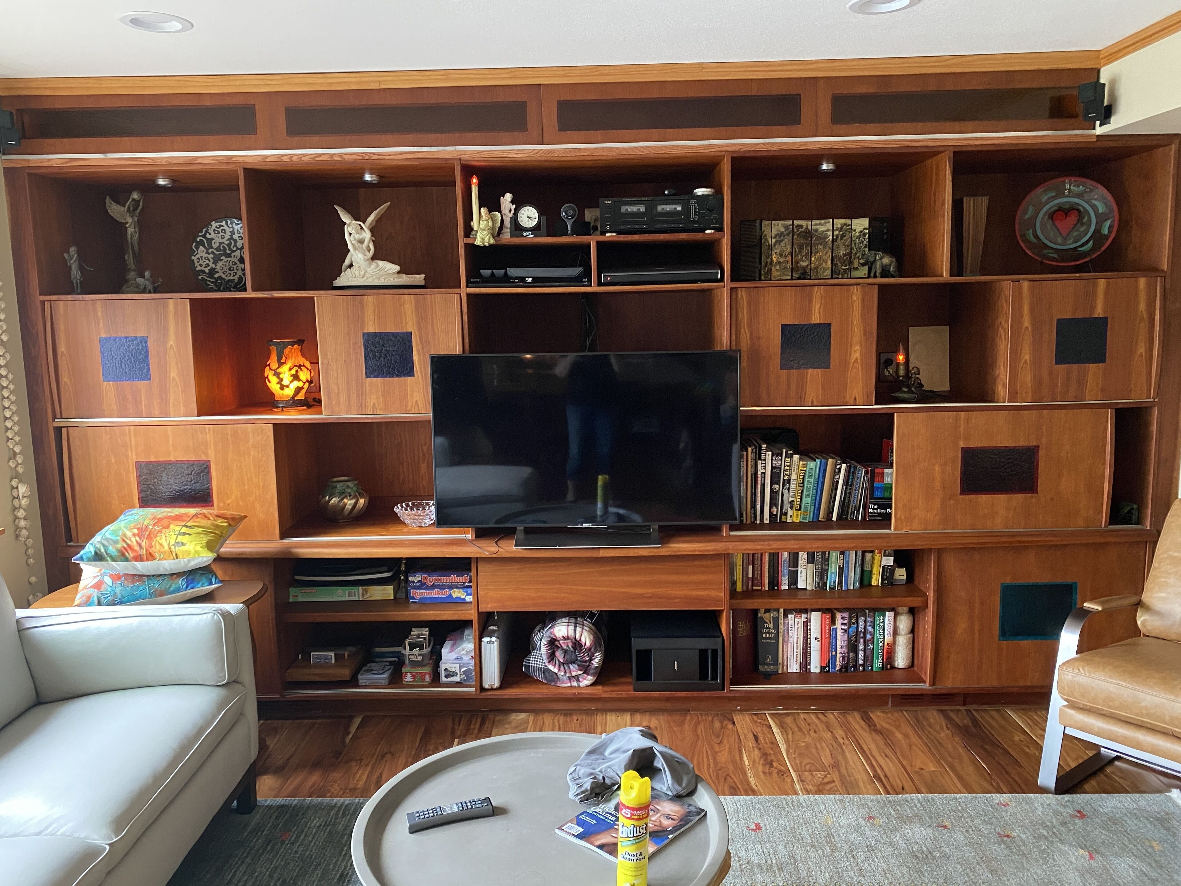 Un salon équipé d’un téléviseur à écran plat, d’étagères en bois ornées d’objets décoratifs et de livres, ainsi que d’une table basse sur laquelle reposent des télécommandes.