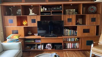 Un salon équipé d’un téléviseur à écran plat, d’étagères en bois ornées d’objets décoratifs et de livres, ainsi que d’une table basse sur laquelle reposent des télécommandes.
