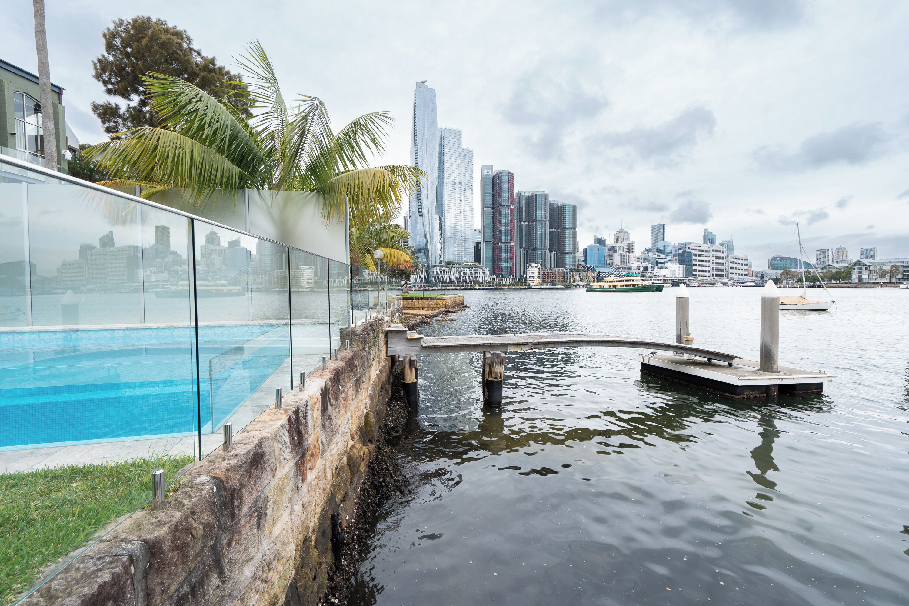 A waterfront pool with a glass railing, a palm tree, and a city skyline in the background.