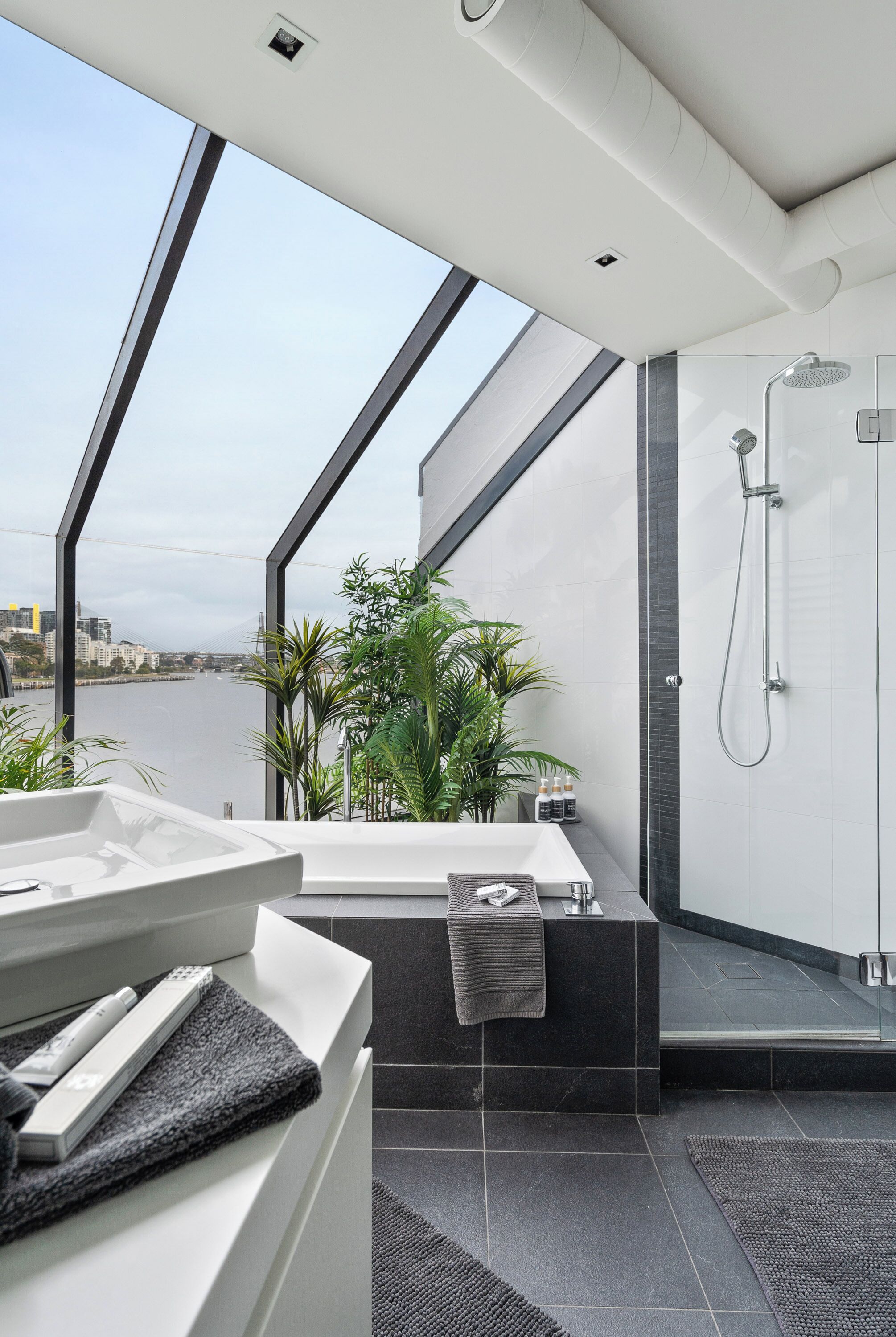 Shower, jetted bath, hair dryer, bidet