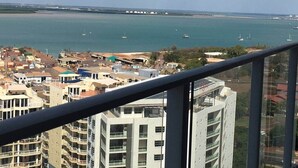 A coastal cityscape with high-rise buildings, a marina with boats, and a clear sky. - Darwin City Harbour Views-above the Oak Restaurant (Darwin City)
