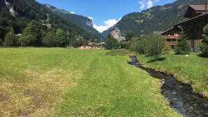 A rural mountain landscape with a clear stream, green fields, and traditional wooden buildings.