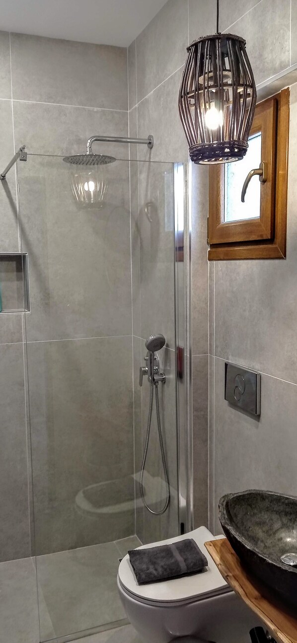 Un baño moderno con ducha envuelta en vidrio, un inodoro y un mueble de tocador de madera, y una lámpara colgante.