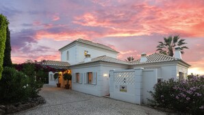A white villa with a tiled roof, a cobblestone driveway, and a garden with flowering plants. - Villa Atlantico (Carvoeiro)