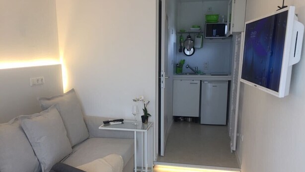 A compact living space with a sofa, a small table with a remote control, a white furry rug, and a kitchen area with a microwave, a sink, and a green bowl. - W-Lan, kitchenette, bathroom, shower, sofa bed, smart TV (Leverkusen - Hitdorf)