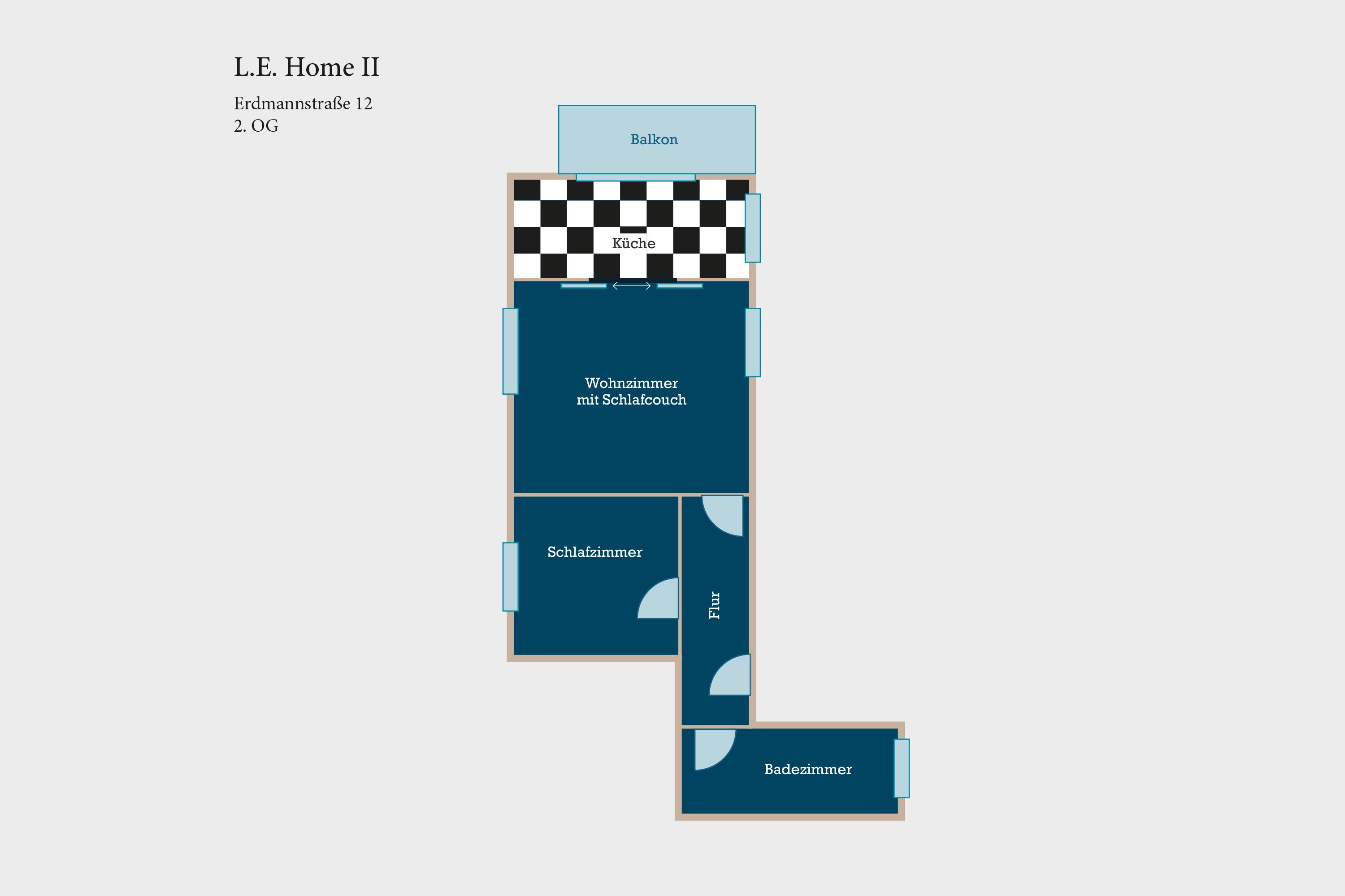 A floor plan of L.E. Home II, including a balcony, kitchen, living room with sofa, bathroom, and bedroom.
