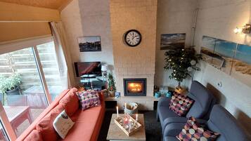 TV, fireplace, table tennis, books