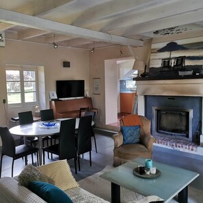 TV connectée, cheminée, livres, chaßne hi-fi